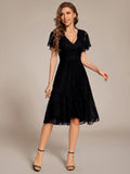 A-Line Ruffle Short Sleeves V-Neck Empire-Waist Lace Wedding Guest Dress