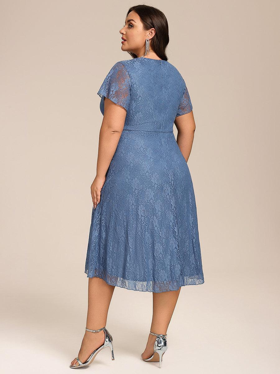 Plus Size A-Line Short Sleeves V-Neck Lace Midi Wedding Guest Dress