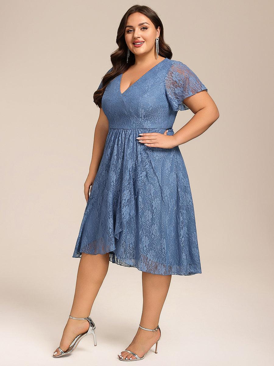 Plus Size A-Line Short Sleeves V-Neck Lace Midi Wedding Guest Dress