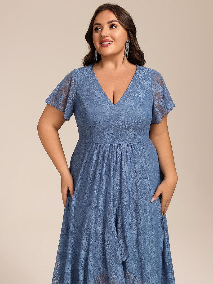 Plus Size A-Line Short Sleeves V-Neck Lace Midi Wedding Guest Dress