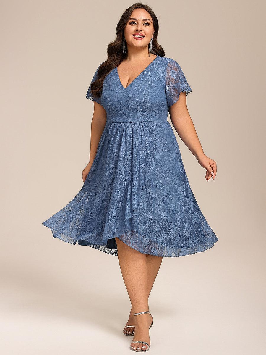 Plus Size A-Line Short Sleeves V-Neck Lace Midi Wedding Guest Dress