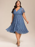 Plus Size A-Line Short Sleeves V-Neck Lace Midi Wedding Guest Dress