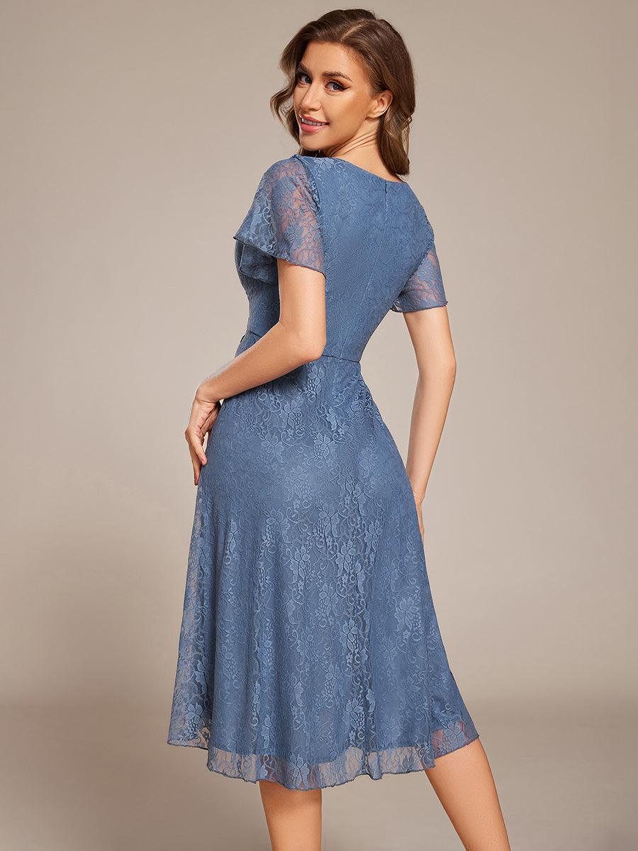 A-Line Ruffle Short Sleeves V-Neck Empire-Waist Lace Wedding Guest Dress