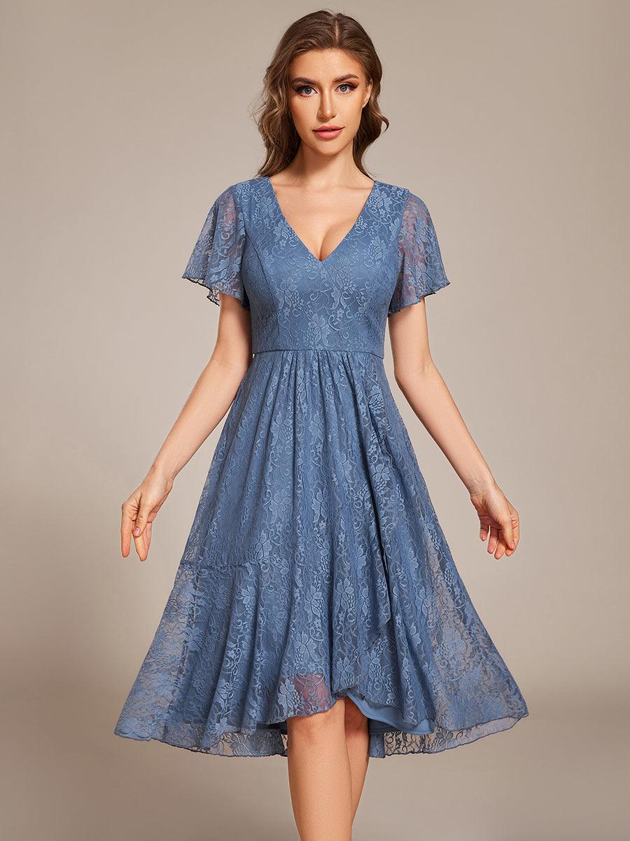 A-Line Ruffle Short Sleeves V-Neck Empire-Waist Lace Wedding Guest Dress