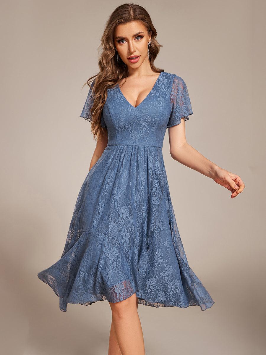 A-Line Ruffle Short Sleeves V-Neck Empire-Waist Lace Wedding Guest Dress