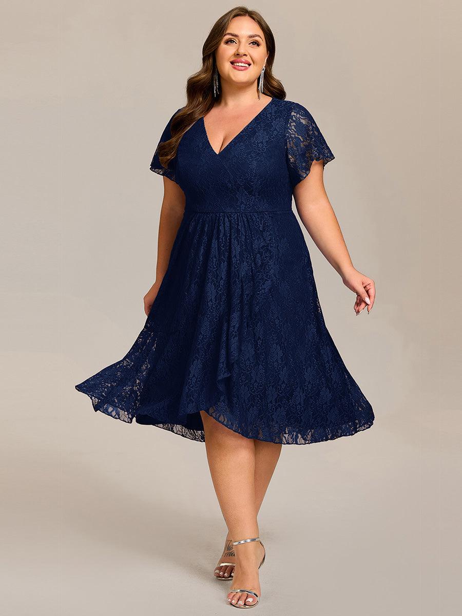 Plus Size A-Line Short Sleeves V-Neck Lace Midi Wedding Guest Dress