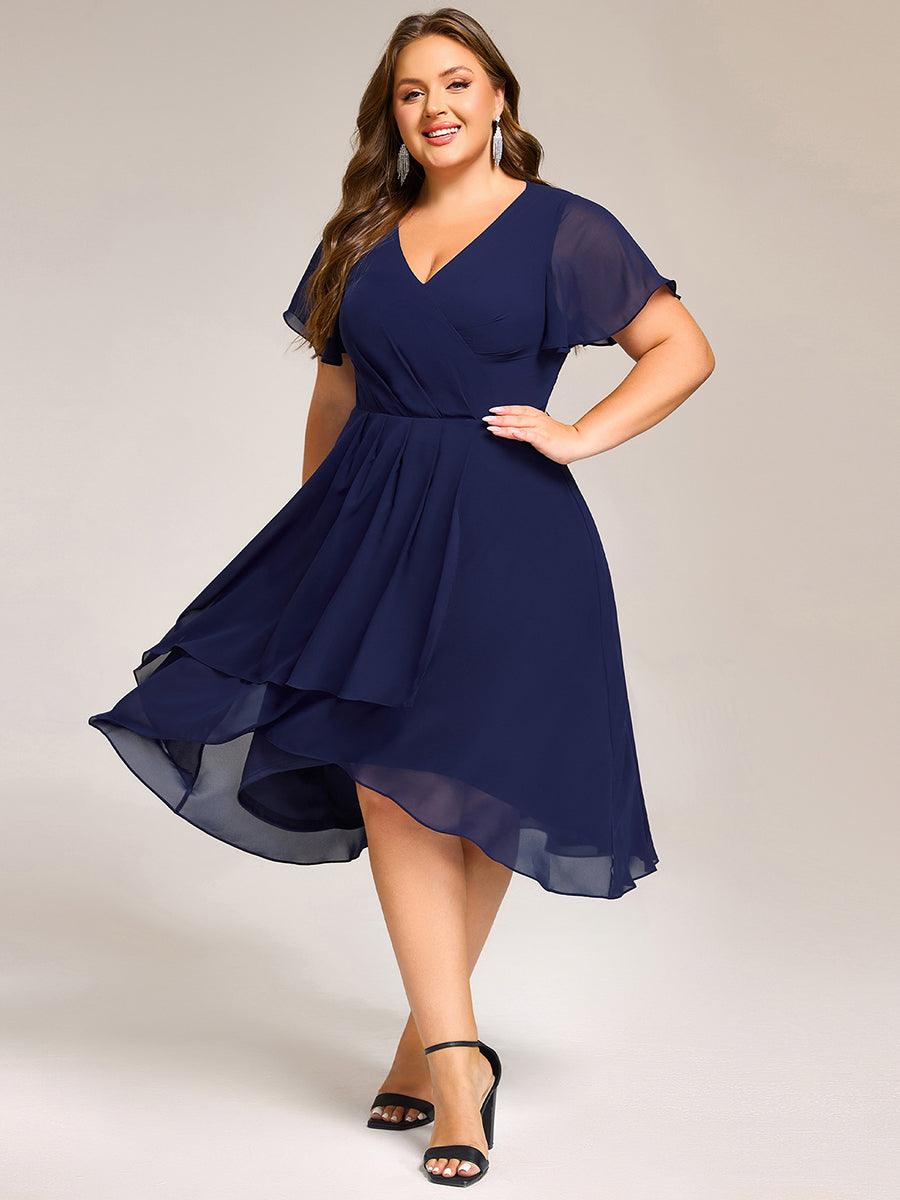 A-Line Short Sleeves Ruffled V-Neck Floral Printed Wedding Guest Dress