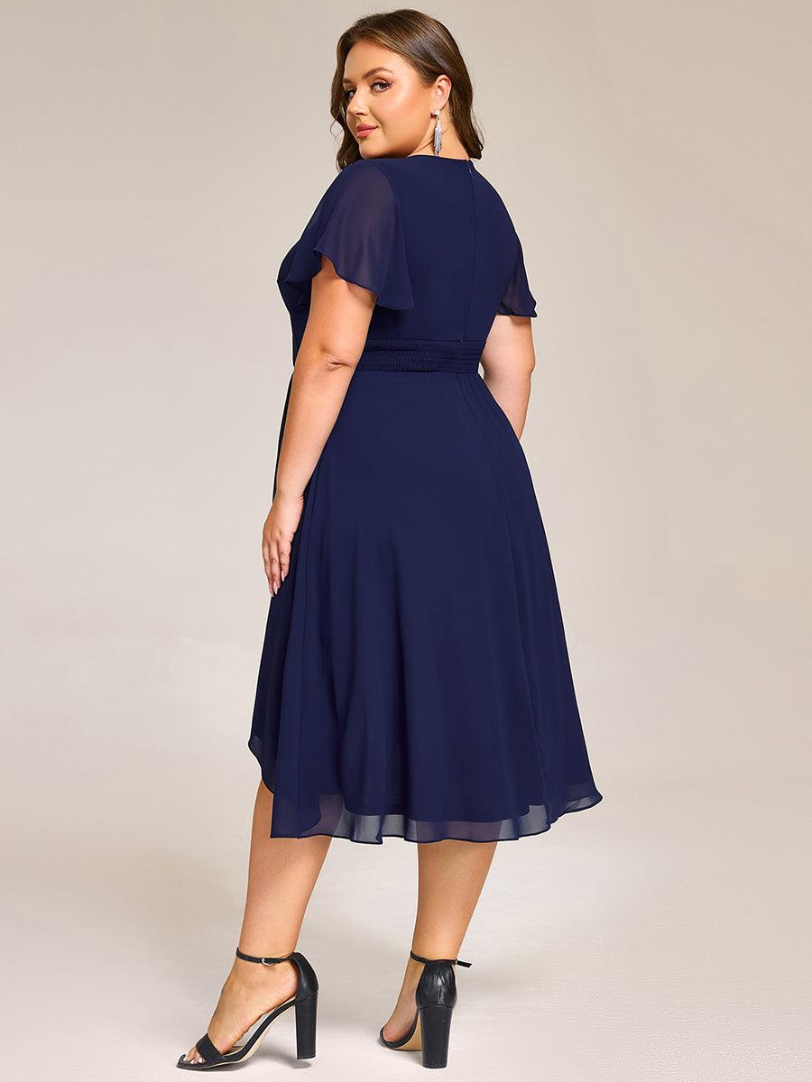 A-Line Short Sleeves Ruffled V-Neck Floral Printed Wedding Guest Dress