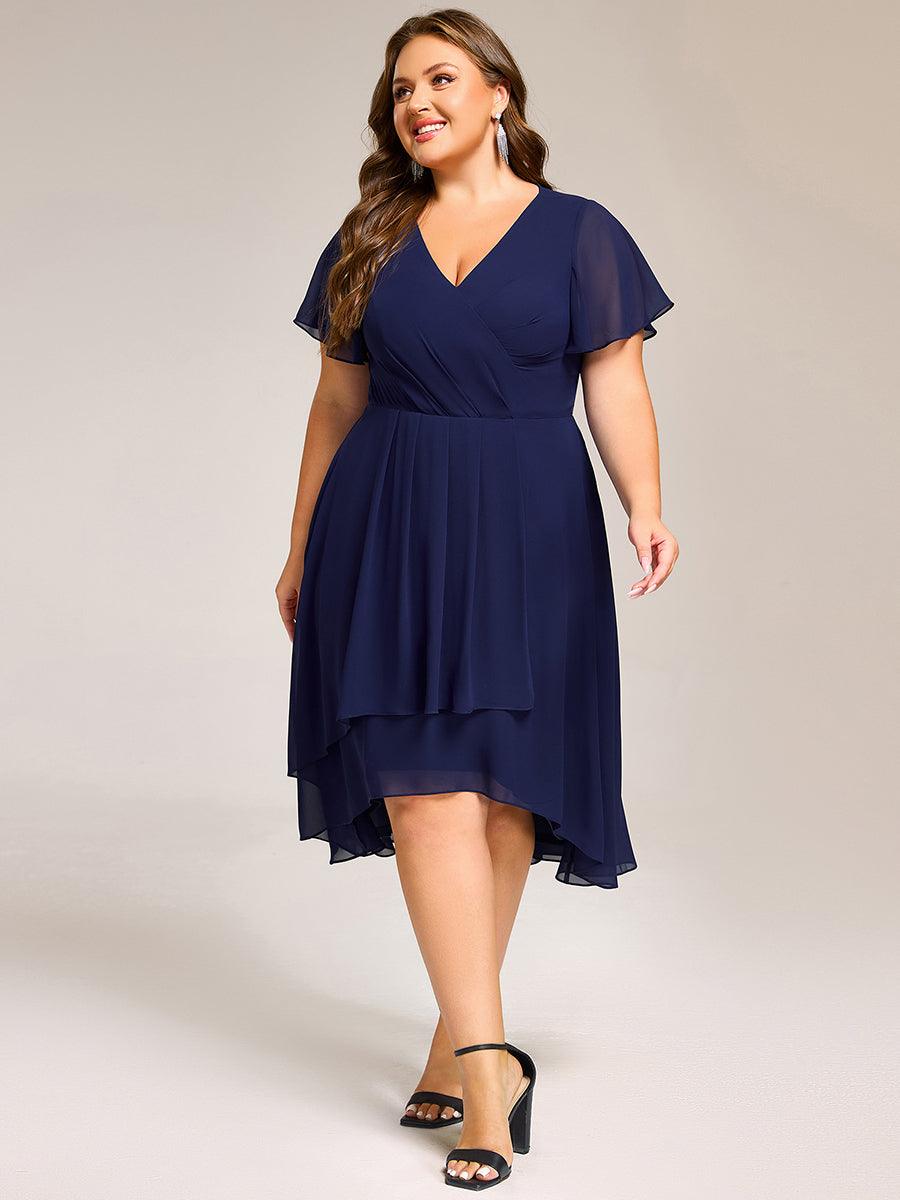 A-Line Short Sleeves Ruffled V-Neck Floral Printed Wedding Guest Dress