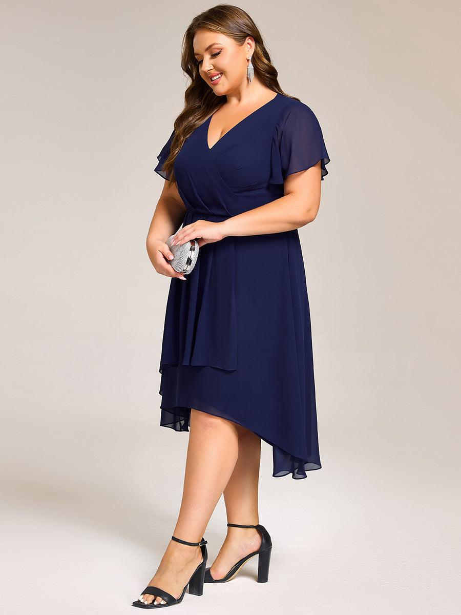 A-Line Short Sleeves Ruffled V-Neck Floral Printed Wedding Guest Dress