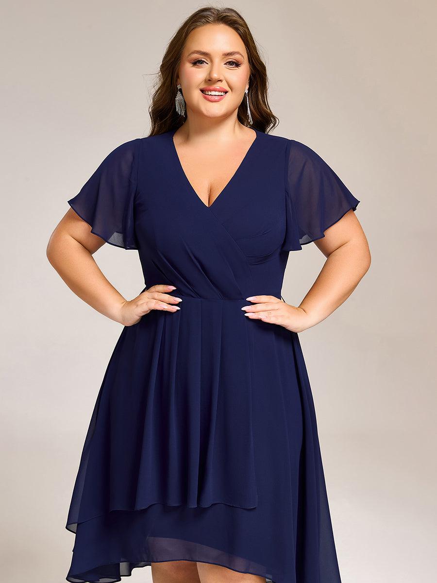 A-Line Short Sleeves Ruffled V-Neck Floral Printed Wedding Guest Dress