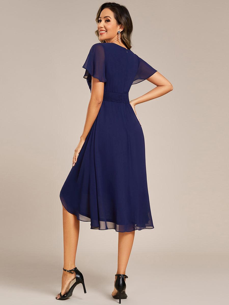 A-Line Short Sleeves Ruffled V-Neck Floral Printed Wedding Guest Dress
