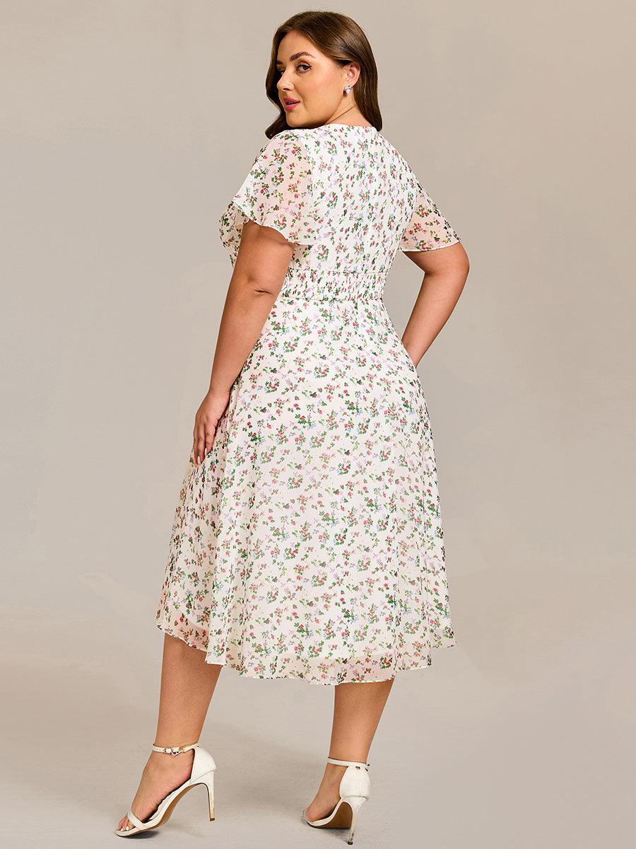 A-Line Short Sleeves Ruffled V-Neck Floral Printed Wedding Guest Dress