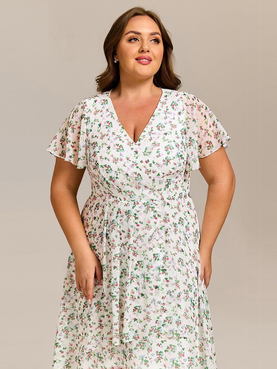 A-Line Short Sleeves Ruffled V-Neck Floral Printed Wedding Guest Dress