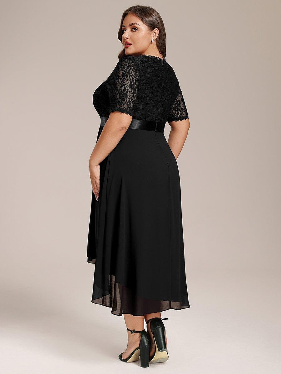 Plus Size A-Line V-Neck Half Sleeve Lace Pleated  Midi Wedding Guest Dress