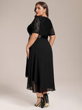Plus Size A-Line V-Neck Half Sleeve Lace Pleated  Midi Wedding Guest Dress