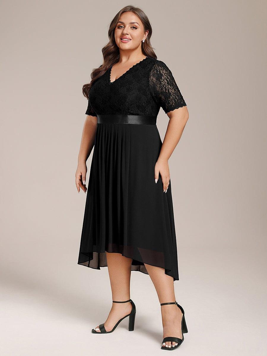 Plus Size A-Line V-Neck Half Sleeve Lace Pleated  Midi Wedding Guest Dress