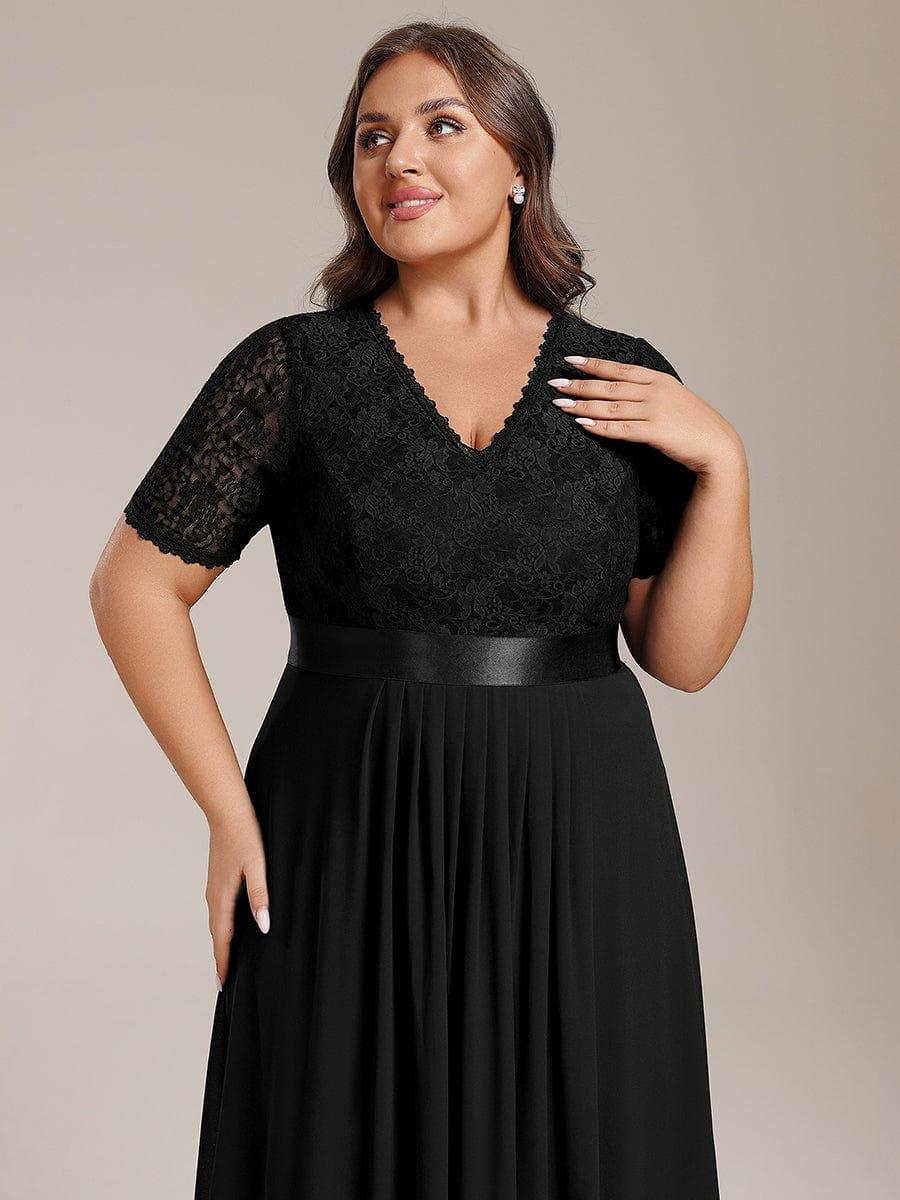 Plus Size A-Line V-Neck Half Sleeve Lace Pleated  Midi Wedding Guest Dress