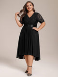 Plus Size A-Line V-Neck Half Sleeve Lace Pleated  Midi Wedding Guest Dress