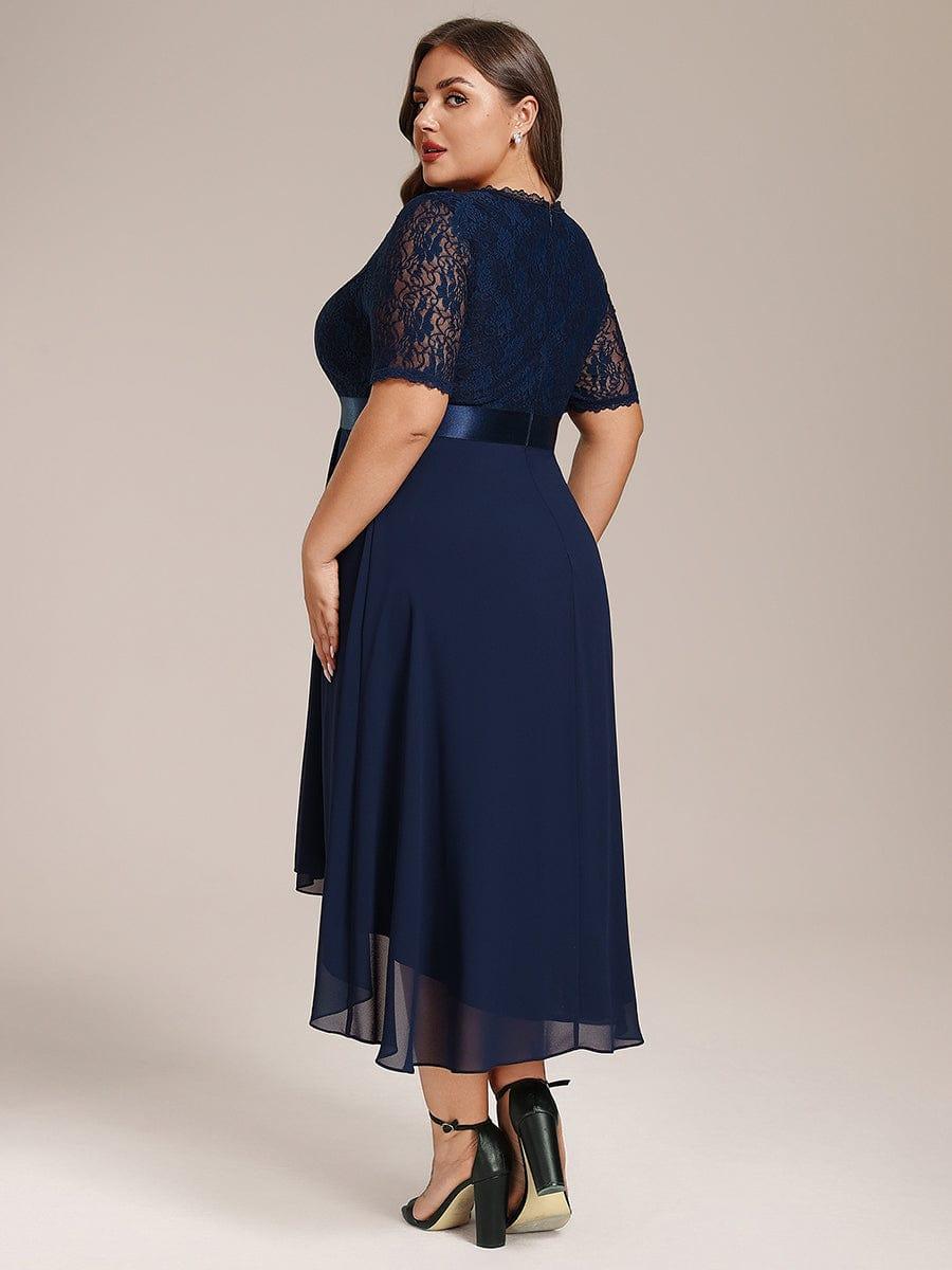 Plus Size A-Line V-Neck Half Sleeve Lace Pleated  Midi Wedding Guest Dress