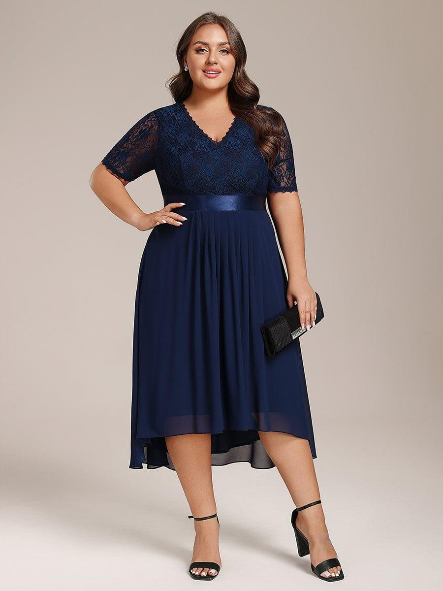 Plus Size A-Line V-Neck Half Sleeve Lace Pleated  Midi Wedding Guest Dress
