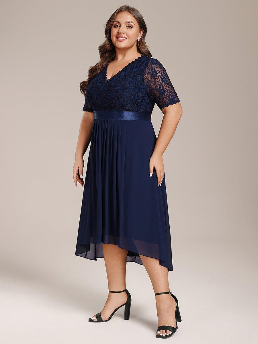 Plus Size A-Line V-Neck Half Sleeve Lace Pleated  Midi Wedding Guest Dress