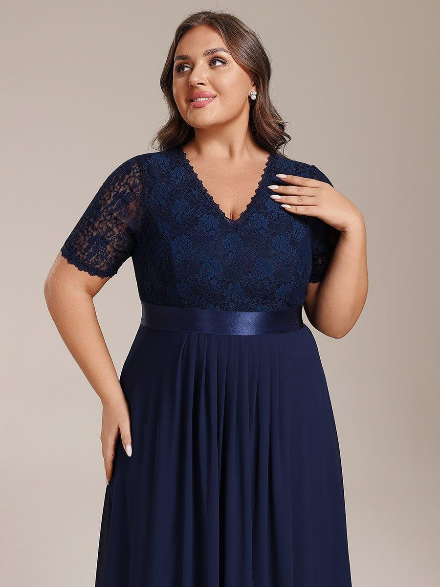 Plus Size A-Line V-Neck Half Sleeve Lace Pleated  Midi Wedding Guest Dress