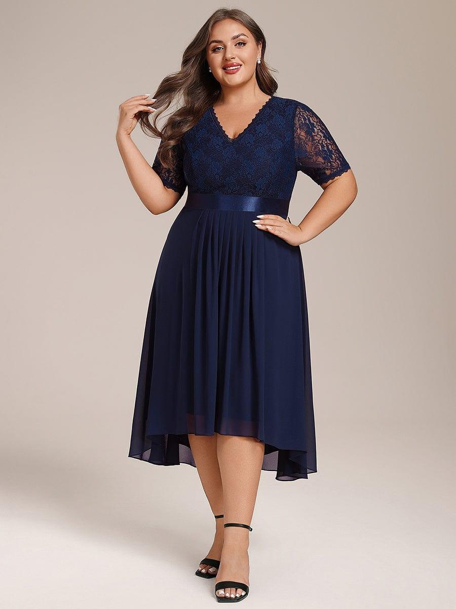 Plus Size A-Line V-Neck Half Sleeve Lace Pleated  Midi Wedding Guest Dress