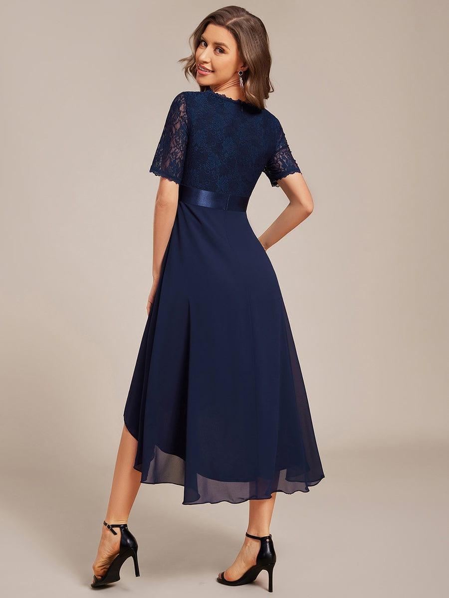 A-Line Half Sleeve Pleated V-Neck Empire-Waist Lace Wedding Guest Dress