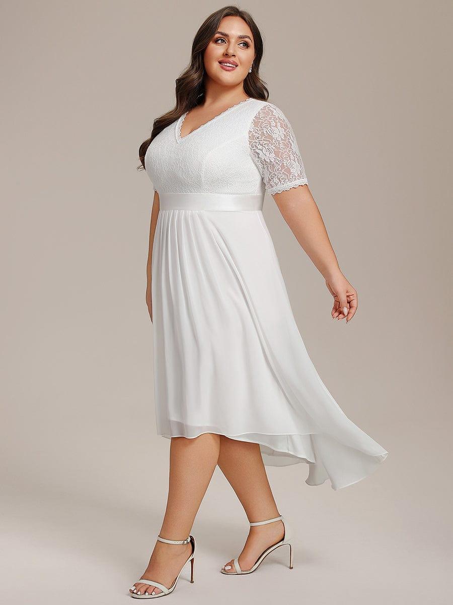 A-Line Half Sleeve Pleated V-Neck Empire-Waist Lace Wedding Guest Dress