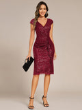 Sequined V-Neck Short Sleeves Bodycon Wedding Guest Dress