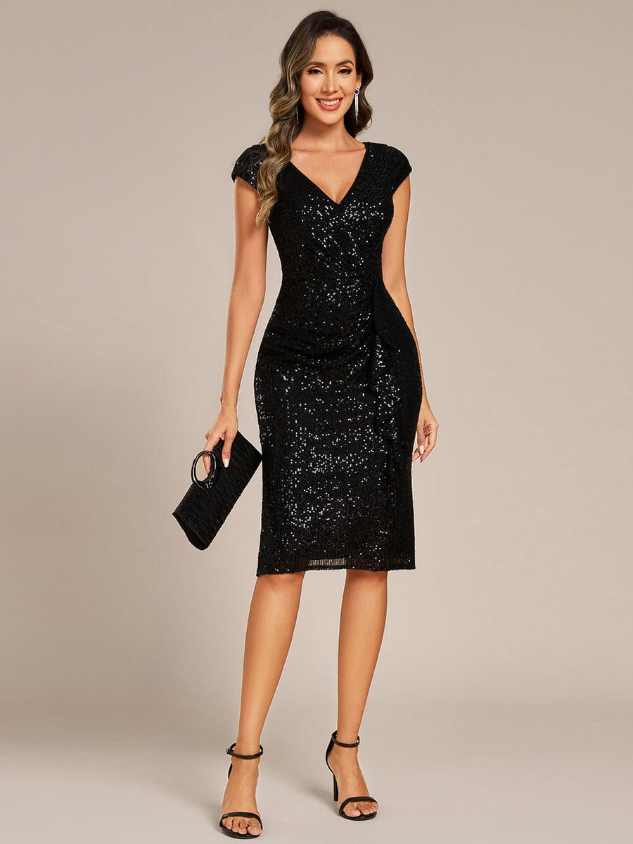 Sequined V-Neck Short Sleeves Bodycon Wedding Guest Dress