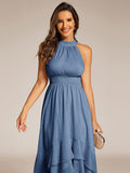 A-Line Ruffle Halter Neck Empire-Waist Sleeveless Wedding Guest Dress