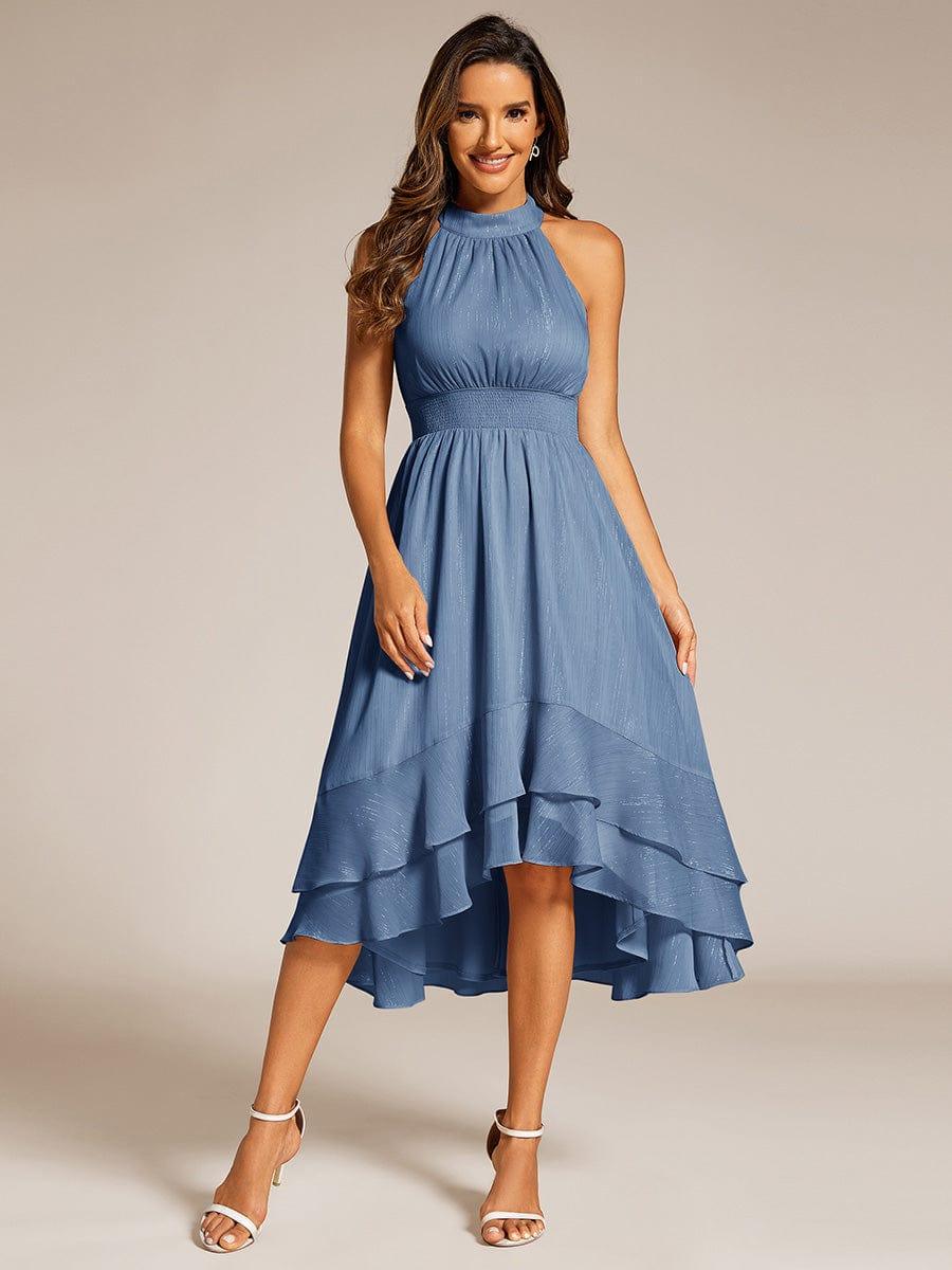 A-Line Ruffle Halter Neck Empire-Waist Sleeveless Wedding Guest Dress 