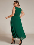 A-Line Plus Size V-Neck Ruffles Sleeveless Appliques Wedding Guest Dress