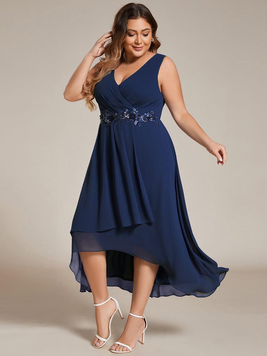 A-Line Plus Size V-Neck Ruffles Sleeveless Appliques Wedding Guest Dress