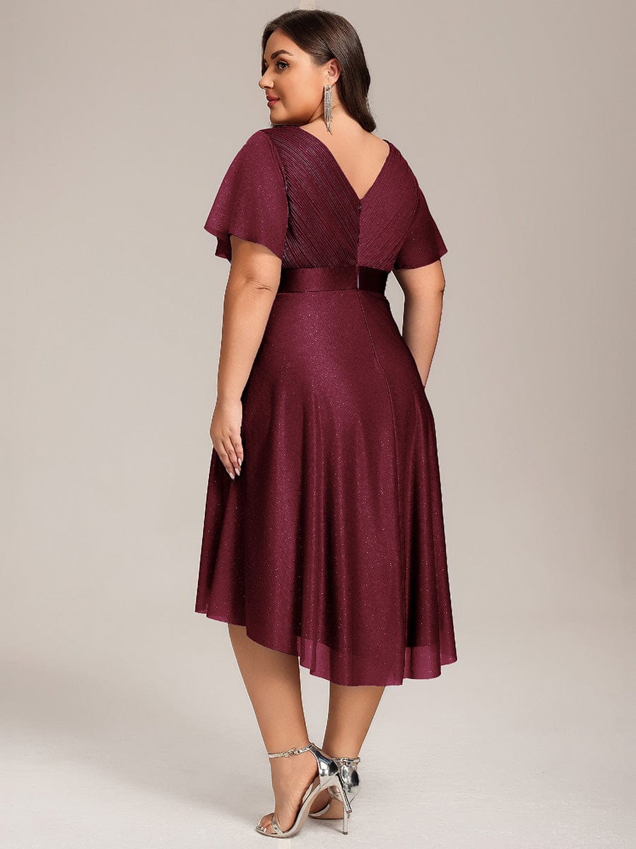 Plus Size Glitter A-Line  V-Neck Midi Wedding Guest Dress with Short Sleeve