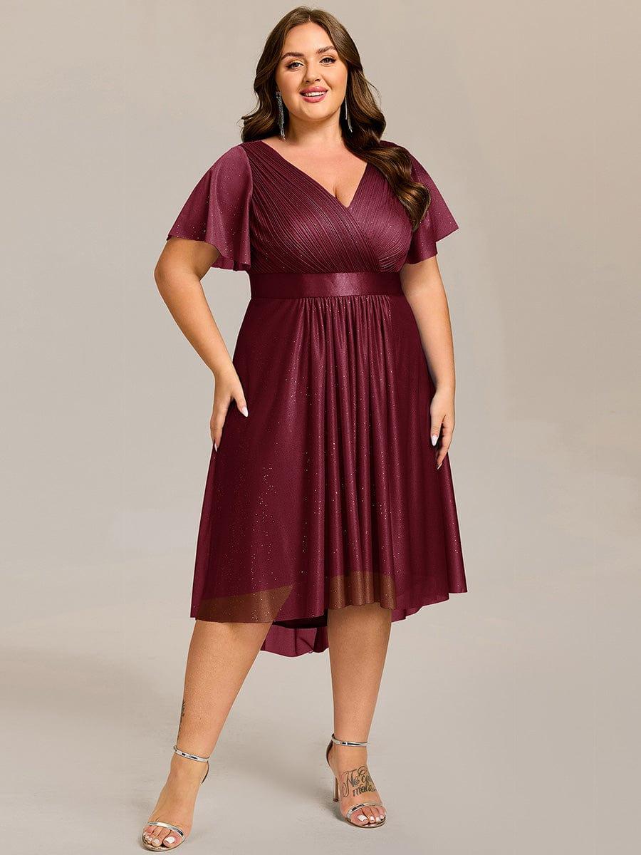 Plus Size Glitter A-Line  V-Neck Midi Wedding Guest Dress with Short Sleeve