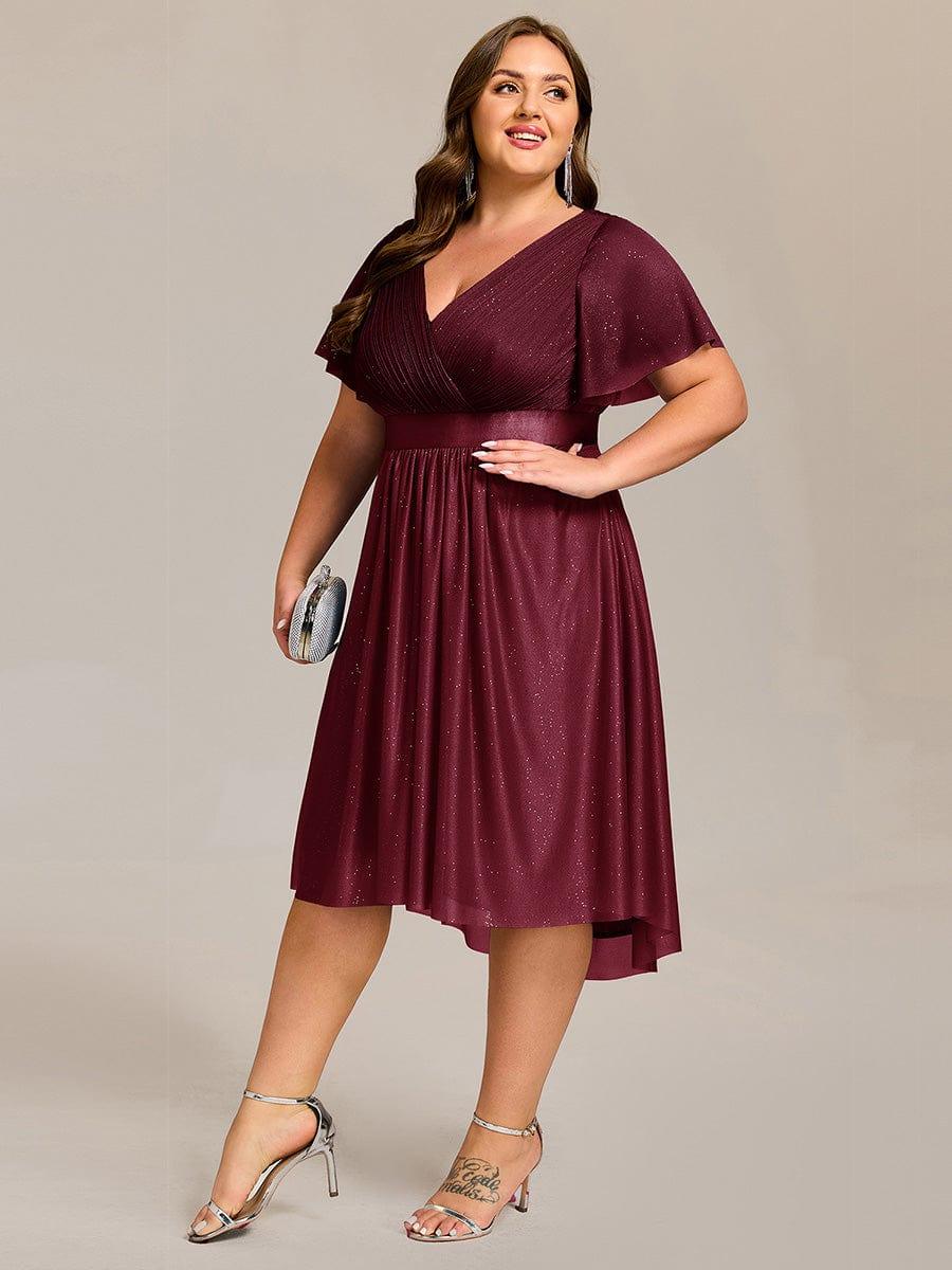 Plus Size Glitter A-Line  V-Neck Midi Wedding Guest Dress with Short Sleeve