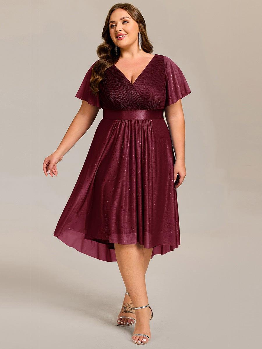 Plus Size Glitter A-Line  V-Neck Midi Wedding Guest Dress with Short Sleeve