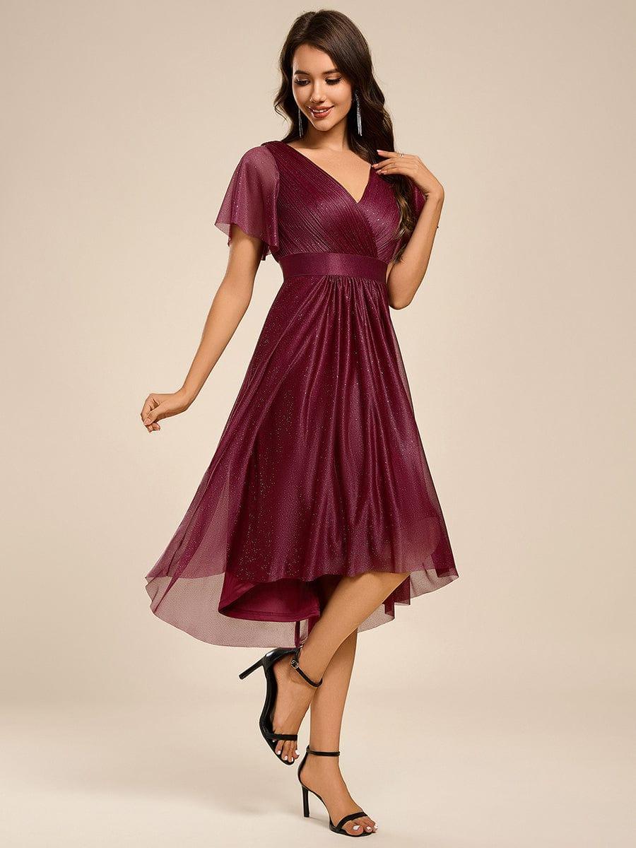 A-Line Short Sleeve V-Neck Pleated Glitter Wedding Guest Dress with Belt