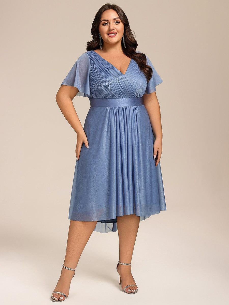 Plus Size Glitter A-Line  V-Neck Midi Wedding Guest Dress with Short Sleeve