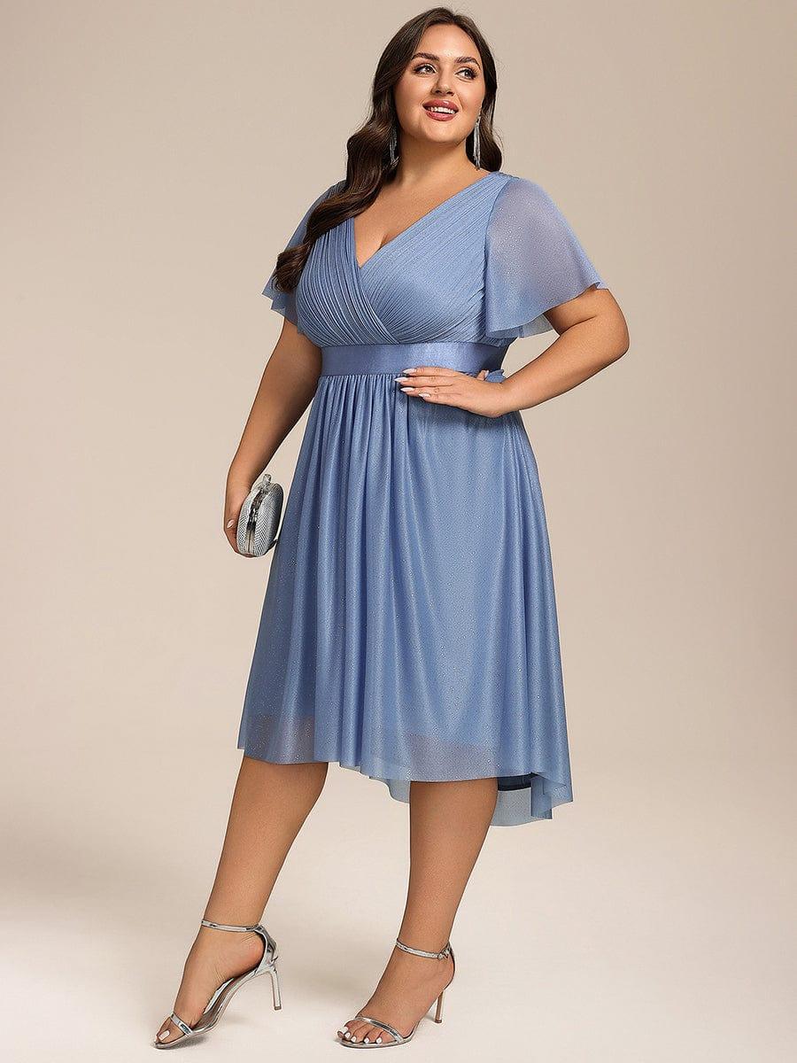 Plus Size Glitter A-Line  V-Neck Midi Wedding Guest Dress with Short Sleeve