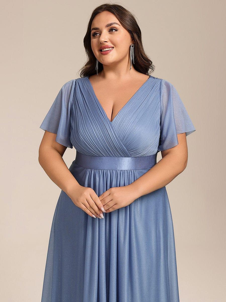 Plus Size Glitter A-Line  V-Neck Midi Wedding Guest Dress with Short Sleeve