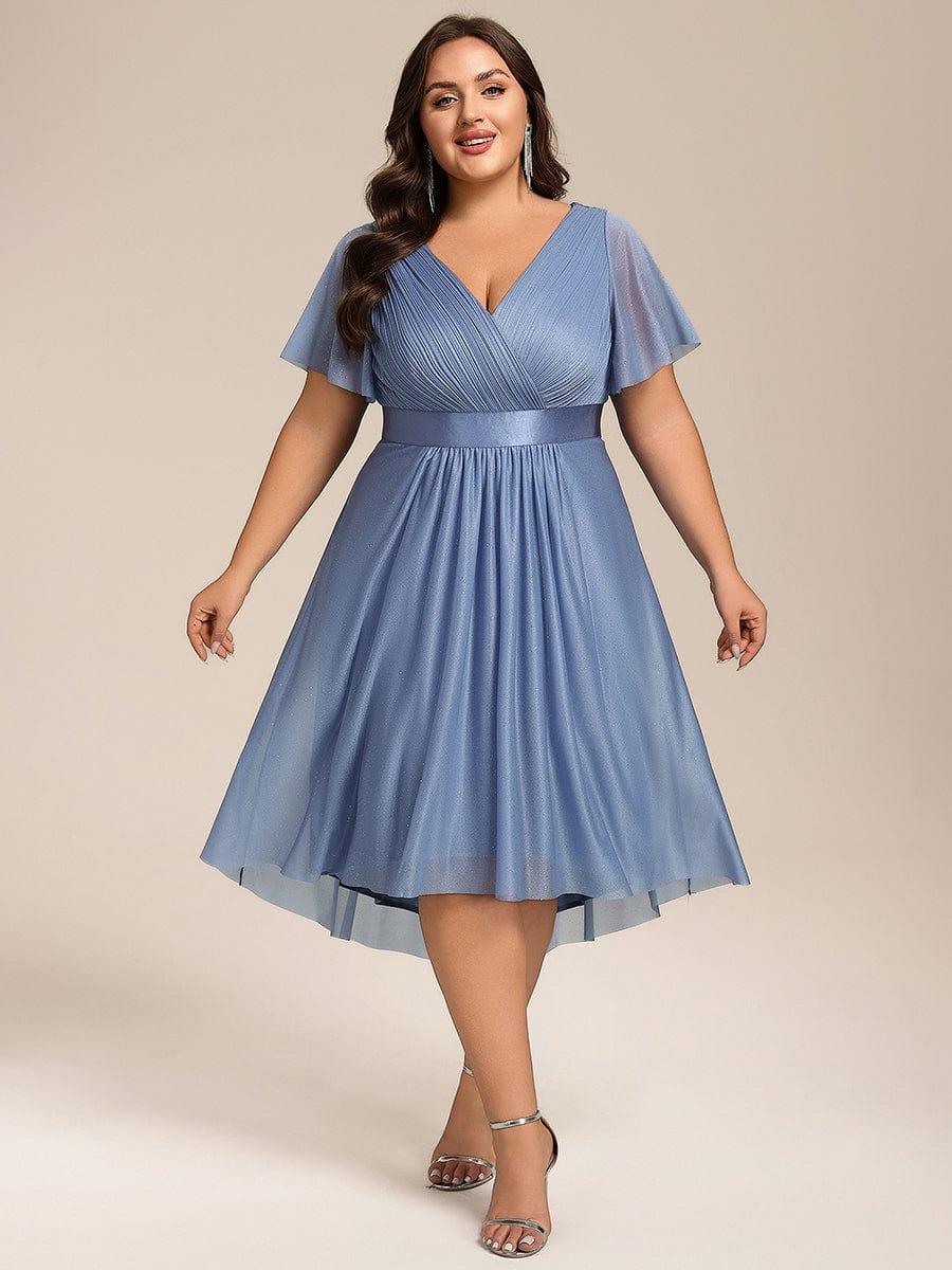 Plus Size Glitter A-Line  V-Neck Midi Wedding Guest Dress with Short Sleeve