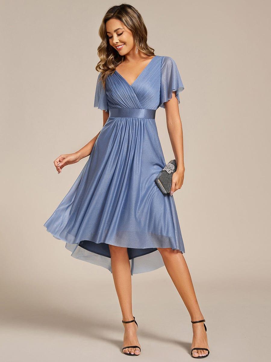 A-Line Short Sleeve V-Neck Pleated Glitter Wedding Guest Dress with Belt