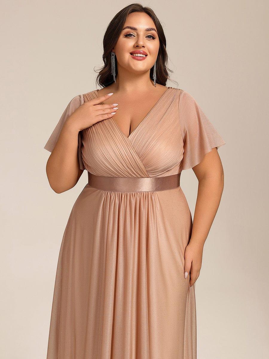 Plus Size Glitter A-Line  V-Neck Midi Wedding Guest Dress with Short Sleeve
