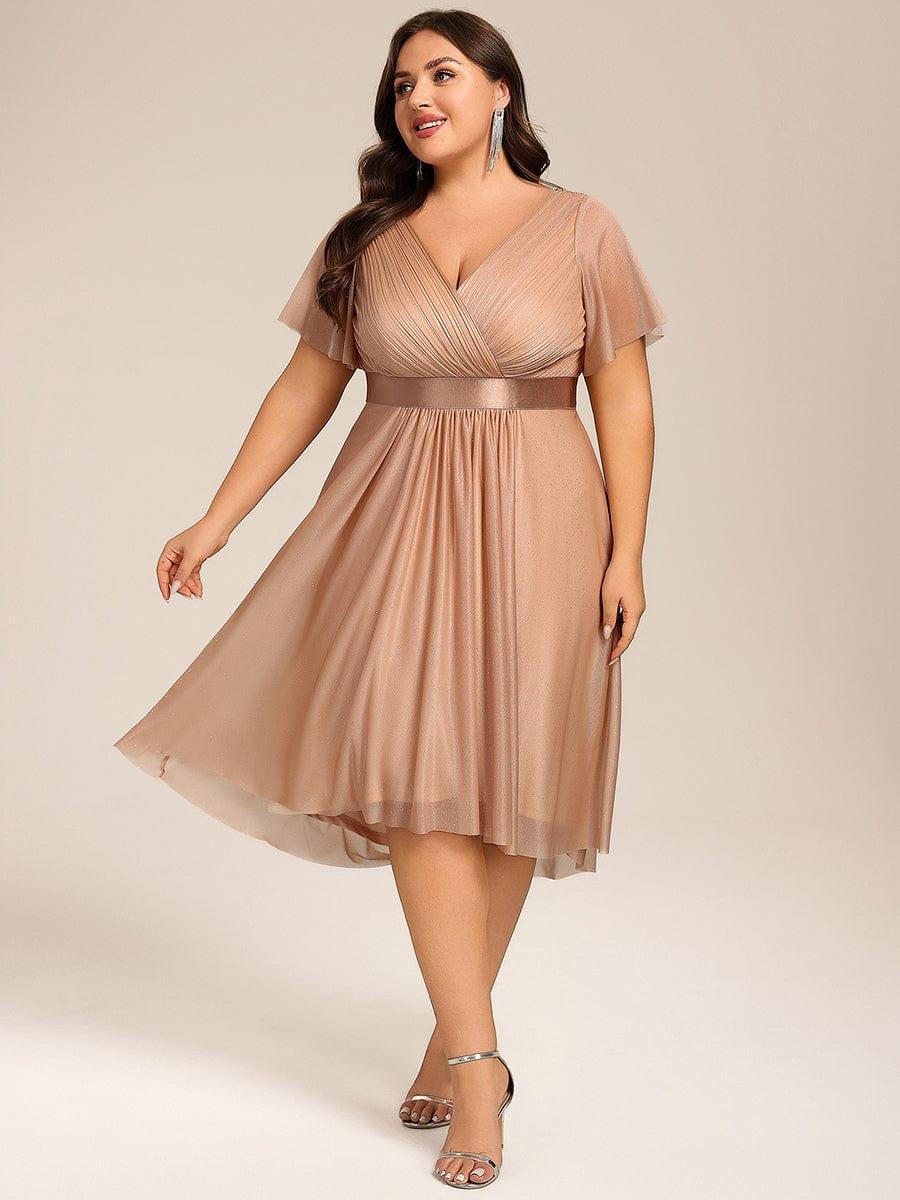 Plus Size Glitter A-Line  V-Neck Midi Wedding Guest Dress with Short Sleeve