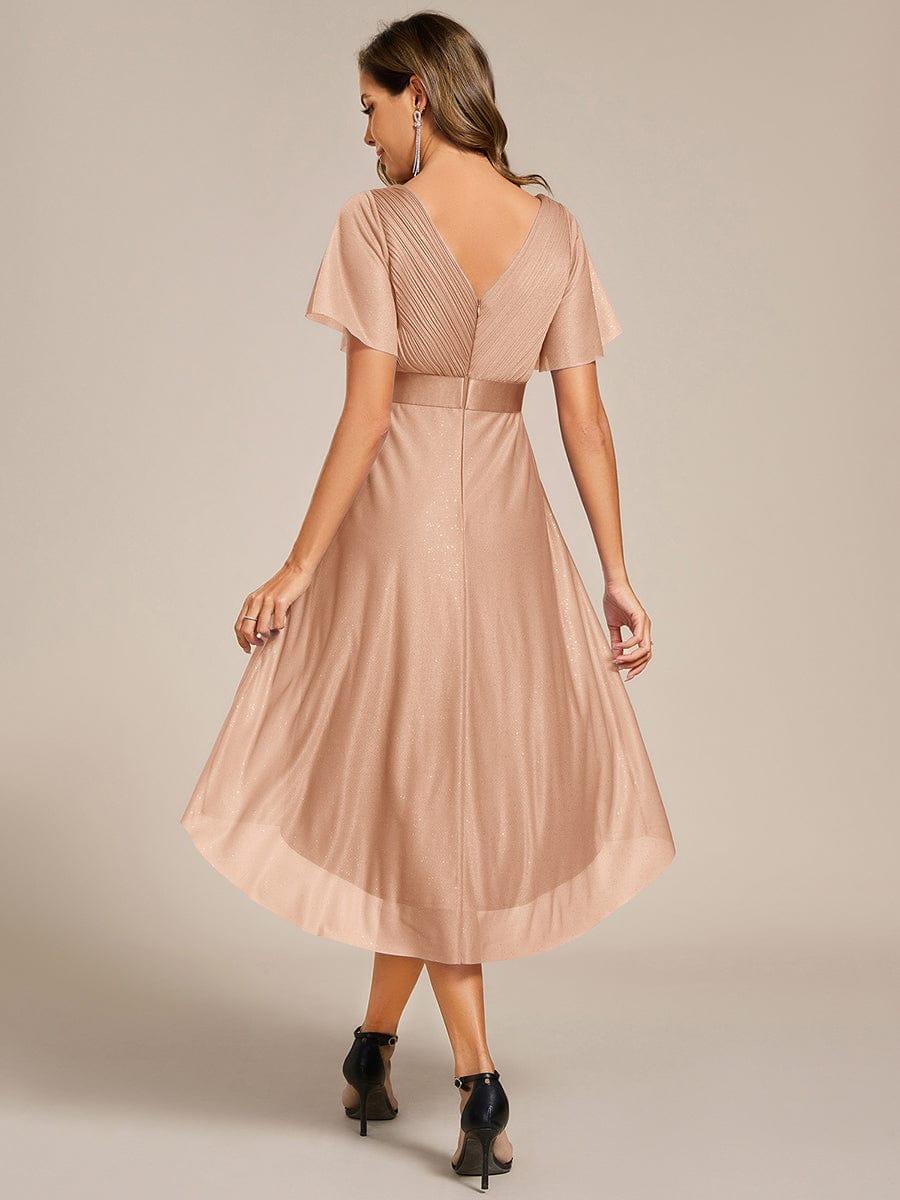 A-Line Short Sleeve V-Neck Pleated Glitter Wedding Guest Dress with Belt