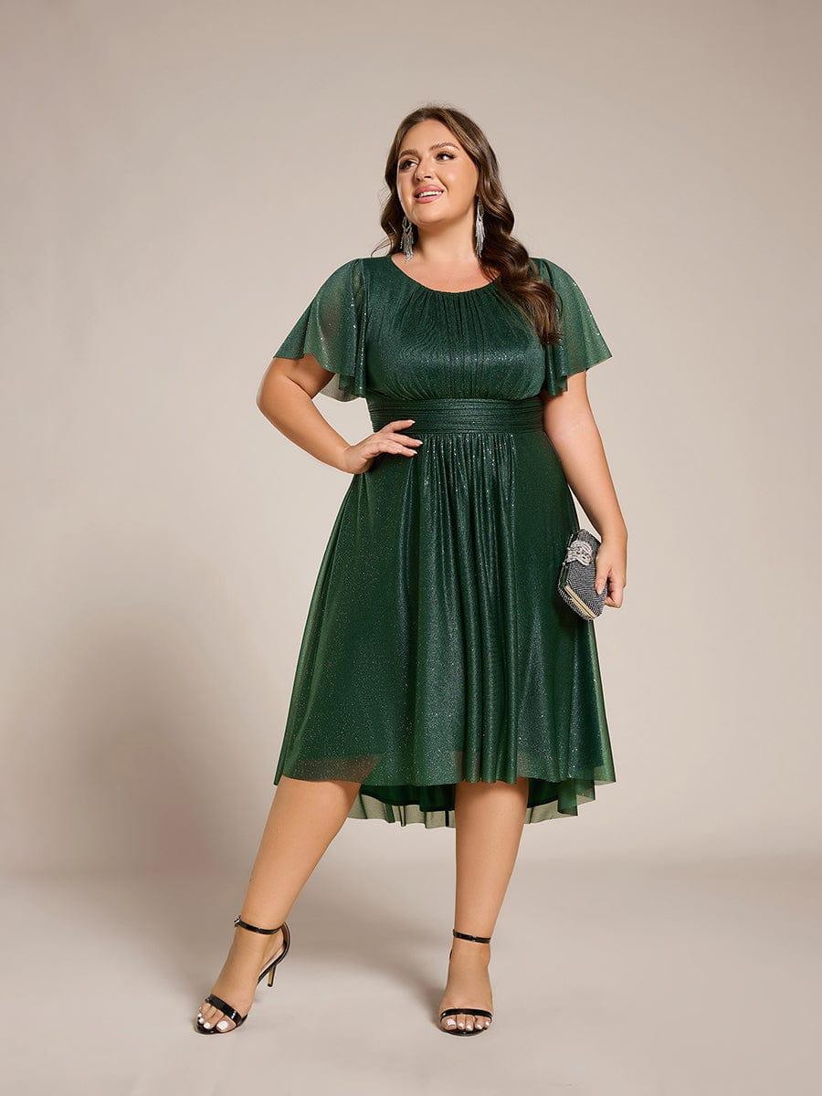 A-Line Glitter Short Sleeves Pleated Scoop Neck Wedding Guest Dress